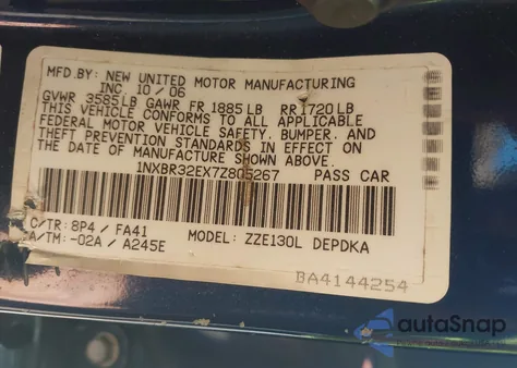 2007 Toyota Corolla Ce z USA, uszkodzony, nr VIN 1NXBR32EX7Z805267